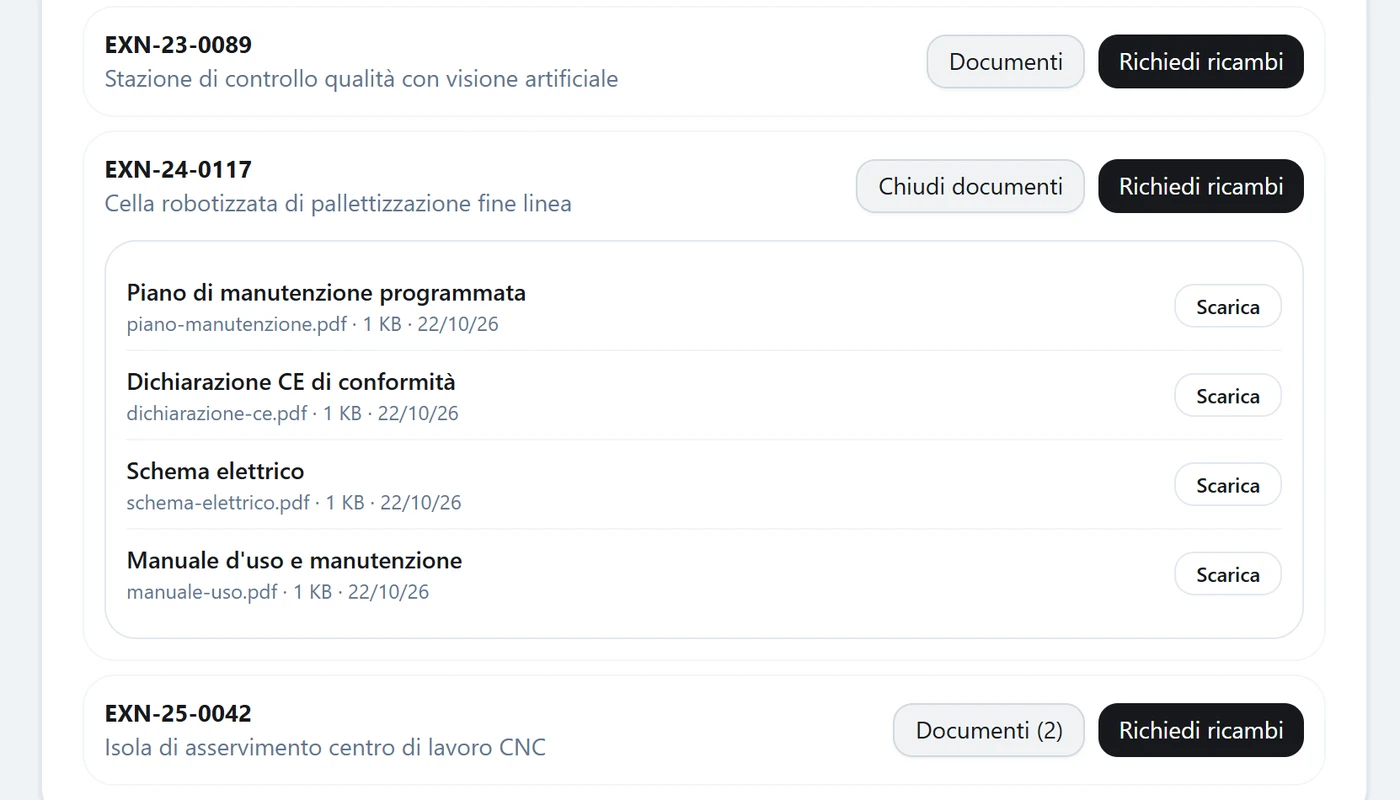Documenti di una cella robotizzata in EXON Hub pronti da scaricare: piano di manutenzione, dichiarazione CE, schema elettrico, manuale