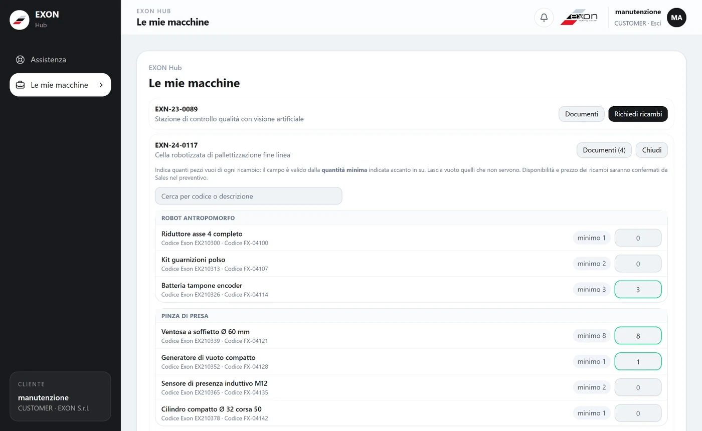 EXON Hub: richiesta ricambi di una macchina, con i componenti installati e le scorte minime consigliate