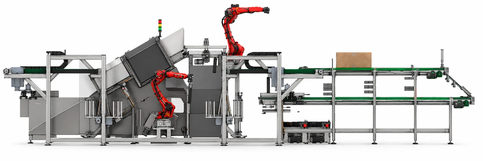 Fine linea per lo stampaggio vista di lato: nastro dei tappi, robot di impilamento, flowpack e nastri delle scatole